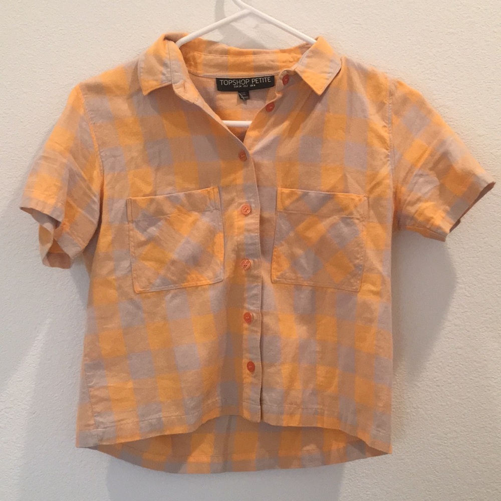Topshop never worn! petite gray/orange checker top